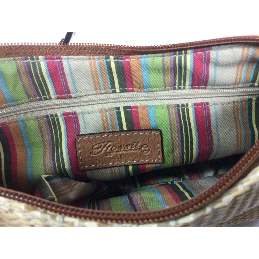Vintage Fossil Straw Shoulder Bag Hobo Purse Beaded Accents‎ 9in x 6in